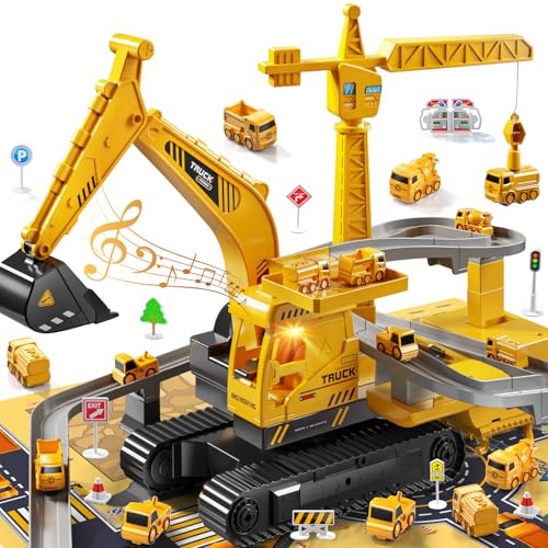 KIZONLY Construction Excavator Toys for Boys 3-5 Year Old - Engineering Digger Race Tracks with Excavator Crane, Car Sand Toys with Light Sound, Birthday Gifts for Toddlers Boys Girls Age 3 4 5 6