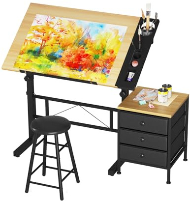 Dripex Table à Dessin Inclinable Bureau à Dessin Réglable avec Tabouret et Casiers Table de Travail Relevable 0°-60° pour Dessinateur Architecte Peintre Ingénieur, Moderne, Couleur Bois