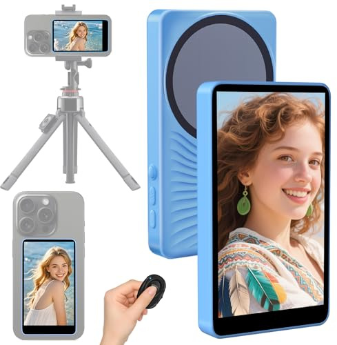 Magnetico Telefono Selfie Monitor Schermo, 3 Livelli di Luminosità, 4K 60fps, Telecomando Bluetooth, Display Della Fotocamera Posteriore per Live Vlogging e TikTok, Compatibile con iPhone (Blu)
