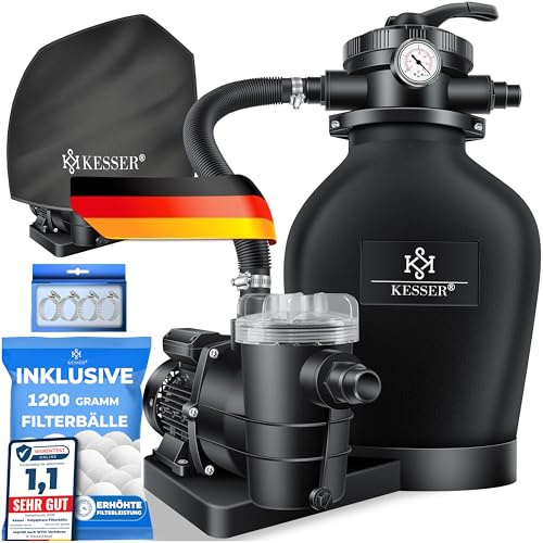 KESSER® Impianto di filtraggio a sabbia con pompa e sfere filtranti da 700 g, filtro per piscina da 600 W, filtro a sabbia per piscina 10200 l/h, volume del serbatoio fino a 20 kg, valvola a 7 vie con