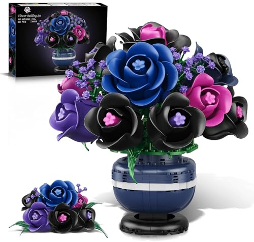 HiWEEGO Flowers Botanicals Building Set - Artificial Purple Black Rose Bonsai Plant for Home Decor, 507PCS Artificial Flowers Building Set Indoor Gothic Decoration, Christmas Birthday Gifts for Adults