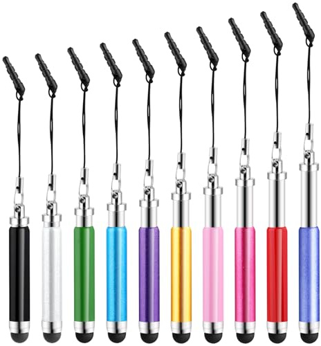 TIESOME Lot de 10 stylets extensibles pour tablette avec pointe en caoutchouc Plusieurs couleurs Avec corde noire Stylet pour smartphone, téléphone portable, tablette