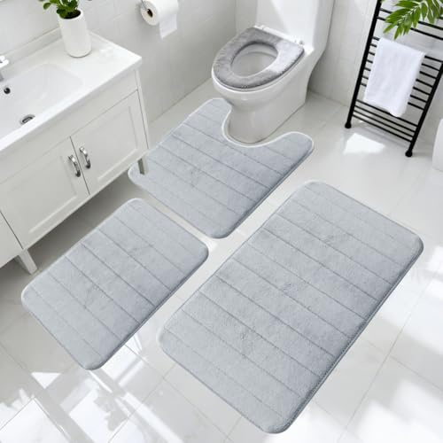 YNNHUDEEP Set di 3 tappetini da bagno con memory foam – tappetini antiscivolo e lavabili per bagno, doccia e toilette – Comfort lussuoso e design moderno (Grigio chiaro)