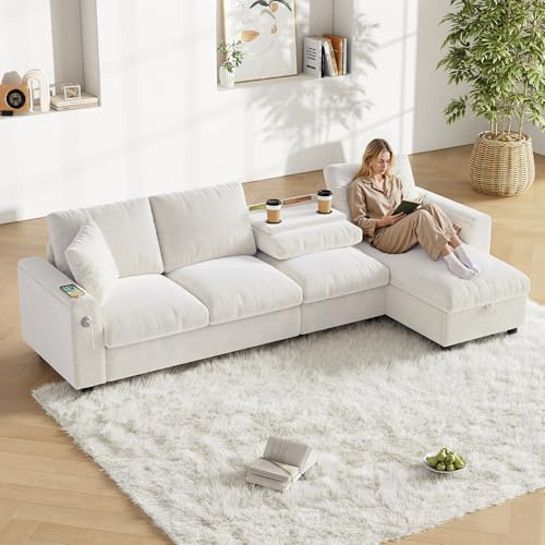 Merax Sofa Ecksofa mit Stauraum und Schlaffunktion, Multifunktionalen 4-Sitzer Couch mit Ausklappbarem Couchtisch, Getränkehalter, Armlehnen-Staufächern und USB+Type C, Bequeme Chenille Stoff, Beige