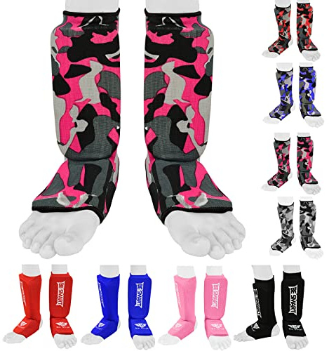 Protège-tibias Enfant Be Smart pour MMA, boxe, Muay Thai, kick-boxing - Protection du tibia et du cou-de-pied, rose/camouflage, XXS (9 TO 13 Years)