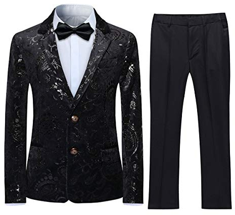 Garçon Costume 2 Pièces Classique Doré Floral Jacquard Slim Fit Toussaint Mariage Bal Tuxedo Veste et Pantalon 6 Couleurs,Noir,10-11 Years/ 140