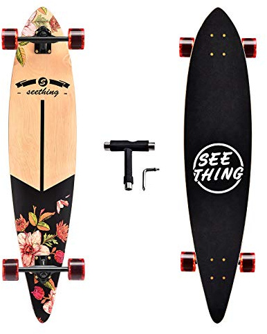 42 Inch Longboard Skateboard Complete Pintail,The Original Artisan Maple Skateboard Pintail Cruiser for Cruising, Carving, Free-Style and Downhill（Bloom）
