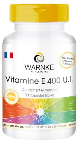 Vitamine E 400 U.I. - 200 softgels pour 200 jours, antioxydant, emballage en gros | Warnke Vitalstoffe - Qualité des pharmacies allemandes