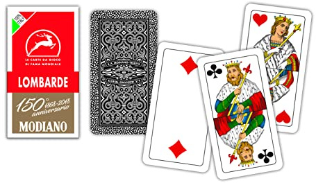 Modiano Lombarde Rosso 150° Anniversario – Carte da gioco regionali lombarde in cartoncino duplex rinforzato 410 gmq – Ideali per Scopa, Briscola, Tresette – 100% Made in Italy