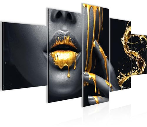 Runa Art labbra dorate Quadro Tela Non Tessuta 5 Pezzi Bellezza Donna Oro Nero Camera Da Letto Soggiorno 041553a