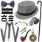 1920er Herren Accessoires, 1920er Gangster Kostüm Rock Mafia Flapper Make-up Accessoire Set Stock, Brille, Taschenuhr, Fliege, Zylinder (Grau)…