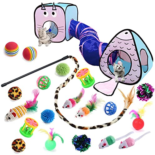 GONPET Set for Indoor Cats: 23 PCS Kitten Toys, Incl. Collapsible Pet Tunnel, Interactive Cat Teaser Wand & Balls