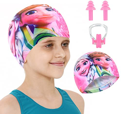 Bonnet de Bain pour Enfants, Bonnet de Bain Polyester avec Bouchons d'oreille et Nose Clip de Natation, Bonnet de Natation Cheveux Long, Bonnet de Bain Frozen, Bonnet de Bain Piscine pour Enfant