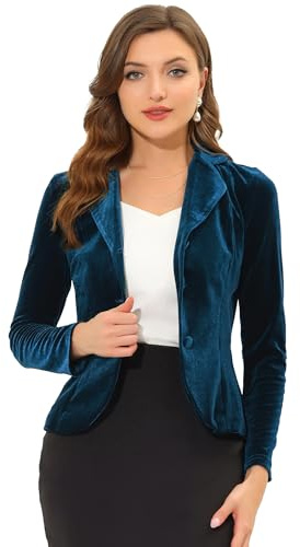 Allegra K Women's Suit Jacket Notched Lapel Halloween Long Sleeve Office Business Button Velvet Blazer, Peacock Blue, M