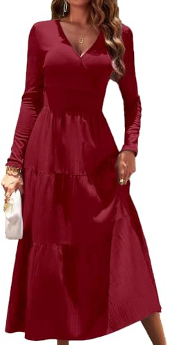 KBRPEY Tröjklänning dam v-ringad klänning dam elegant långärmad varma klänningar lång bodycon festlig aftonklänning cocktailklänning maxiklänningar höst vinter, Vinröd L, L