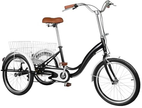 CLEADONG 20 Zoll Dreirad Für Erwachsene, Adult Fahrrad Mit Lichtern 3 Räder Und Korb, 3 Räder Dreirad Mit Einstellbare Kissen Und Griff Für Männer Frauen Ältere Menschen Und Erwachsene, Schwarz