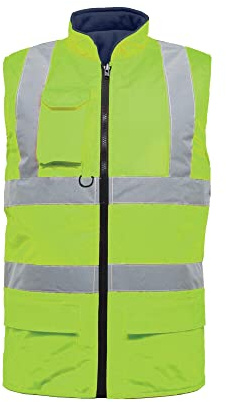 Hi Vis Viz Padded Reversible Fleece Lined Bodywarmer, Hi-Vis Safety High Visibility Gilet Waistcoat Waterproof Two Tone Reflective Tape Workwear Vest UK Plus Size S-5XL, Yellow-XXL