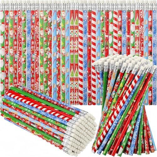 KAHEIGN 96Pcs Weihnachten Bleistifte mit Radiergummi, 12 Stile Cartoon Weihnachtsbleistifte Schneemann Süßigkeiten Weihnachtsmann Rentier Weihnachtsbaum Verschiedene Weihnachten Holzbleistifte