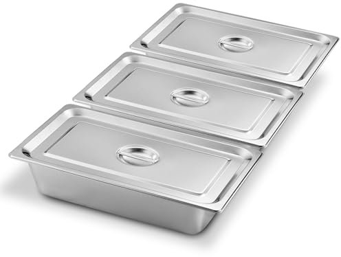 Bordeag Juego de empanado de 3 piezas, de acero inoxidable, recipiente de 1/3 para empanado, 32,5 x 17,5 x 6,5 cm, soporte para gourmet con tapa, bandejas de empanado, juego de empanado apilable