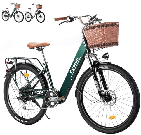 cysum 26 Bici Eléctrica Damas, 250w Bicicleta Eléctrica Urbana, Clásica Ebike Ciudad Adulto, City Electric Bike Batería 36v 10ah Alcance 60-80km, Electric Bicycle 7 Velocidade (Verde)