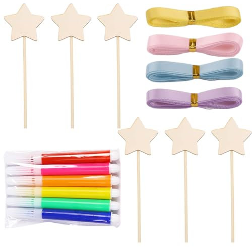 IKOPFLN Set da 6 pezzi Creativo Bacchette Magiche Fai Da Te per Bambini, Bacchette Magiche in Legno da Colorare con Stelle, Cuori e Corone - Artigianato Divertente per Bambine, Regalo DIY per Festa