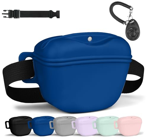 Aomig Sac Friandise pour Chien en Silicone, Accessoires Sac D'entraînement Doggie Treat Sac Pochette, Sacs de Nourriture Portables pour Promenades Chien avec Clicker et Ceinture Dressage(Bleu Foncé)