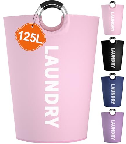 IHOMAGIC 125L Faltbarer Wäschekorb mit Aluminiumgriff, Freistehend Wäschesammler Groß, Tragbar Wäschesack Reise, Stabil Aufbewahrungskörbe für Fitnessgeräte, Verschiedene, Federbett, Rosa