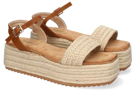 shoes&blues.es 91632 Sandalia de Plataforma de Yute para Mujer, Comodas y Elegantes, Diseno Moderno con Pala Abierta de Yute y Cierre de Hebilla, Ideales para Primavera-Verano. Beige Talla 38