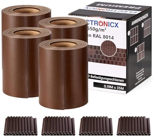 Electronicx Tiras de protección visual de PVC RAL 8014 marrón, lámina de alta calidad para valla de doble varilla, 140 m (4 x 35 m) x 19 cm, 650 g/m², resistente a los rayos UV, extra duradera, opaca