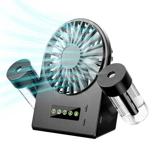 JIZZU Ventilateur de Table Portable avec 2 humidificateurs à pulvérisation, Mini Ventilateur USB avec 4 Vitesses de Vent Réglables, Petit Fan Silencieux avec Affichage LED pour la Maison, Bureau-Noir