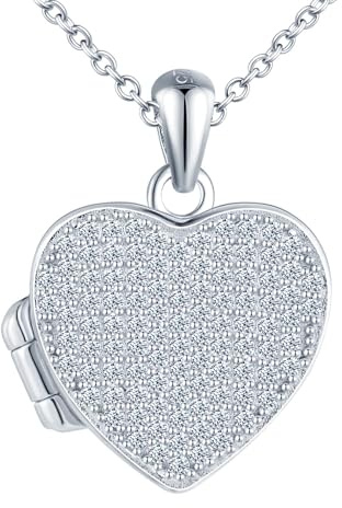 MICSAVI Heart Photo Necklace 925 Sterling Silver Picture Locket Personalised Necklace for Women Girls, Cubic Zirconia Pendant with 19.69 Inch Chain Adjustable for Mum Girlfriend Daughter