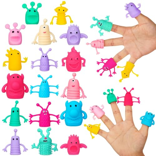 HFKPJRT 85 Pcs Rubber Monster Finger Puppets for Kids Toddlers, Funny Stretchy Finger Toy for Role Playing, Cute Finger Dolls for Birthday Party Favors, Easter, Halloween, Christmas, 16 Random Styles