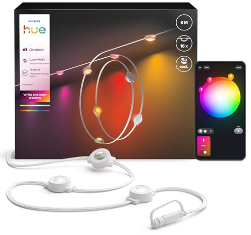 Philips Hue Festavia Permanent Prolunga per Stringa di Luci da Esterno, 9 M, Dimmerabile, Resistente alle Intemperie, Impermeabile, Facile da Installare, White and Color Ambience, Cavo Bianco
