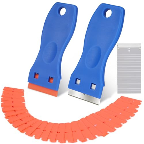 Flintronic 2 st plastskrapa med 120 st plast- och metallblad, fönsterskrapor, keramiskt glasskrapverktyg, inget reprengöringsverktyg för etiketter, klistermärke, tätning, glasfärg (blå)
