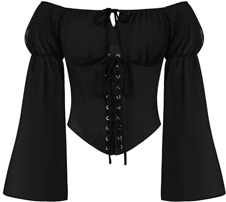 Scarlet Darkness Renaissance Shirt Women Lace Up Corset Top Off Shoulder Long Sleeve Peasant Blouses Black