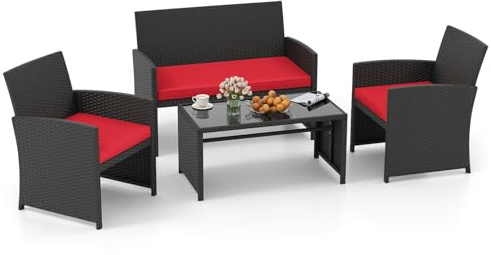 SOARS Salon de Jardin Exterieur en Rotin PE, 4 Personnes (Noir+Rouge) | Canape Exterieur avec 2 Fauteuils à Coussins, Table Basse Verre, pour Patio, Balcon, Cour, Charge 360KG+180KG+45KG