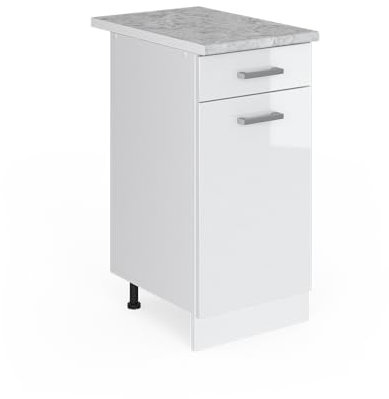 Vicco Küchenunterschrank R-Line, Schubladenschrank für die Küche, Weiß Hochglanz/Weiß, 40 cm, AP Marmor