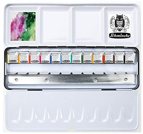 Schmincke Akademie Aquarellfarbe, Akademie Aquarell Malkasten, Metallkasten, 12 x 1/2 Näpfchen, Standard-Auswahl