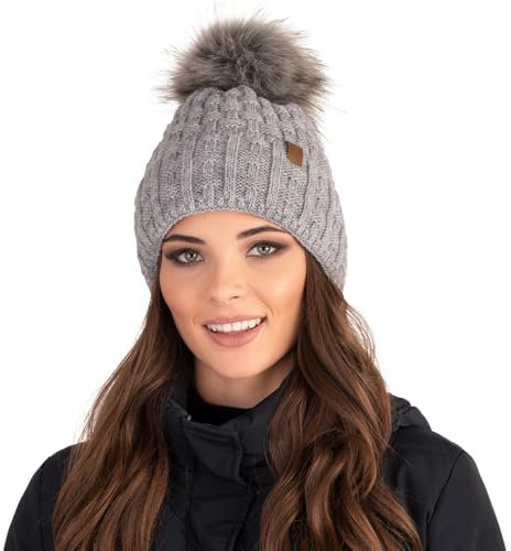 Vivisence Wintermütze Mit Bommel Damen Perfekte Passform Warmes Bommelmütze Herbst Frauen Mütze Für Winter Aufgerolltem Design Für Extra Wärme Ideal Für Kalte Wintertage Modell, Hellgrau,Einheitsgröße