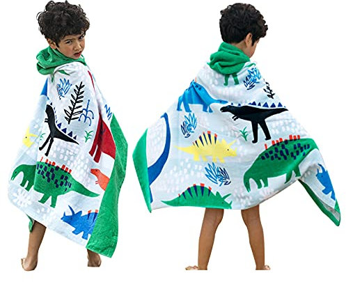 Kinder-Strandtuch mit Kapuze, 100% Baumwolle, weich und saugfähig, Badetuch, Badetuch, Überzieher für Jungen und Mädchen, extra Größe: 127×76cm (Dinosaurier)
