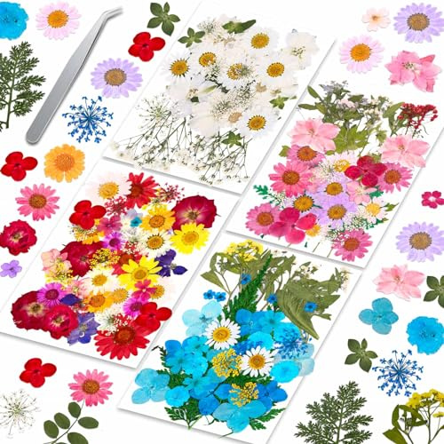 153 Pcs Dried Pressed Flowers for Crafts, Real Pressed Wildflowers Natural Dry Leaves Bulk with Tweezer for Epoxy Resin Jewelry Molds, Candle Soap Making, Scrapbook, Bookmark, Nails Decor