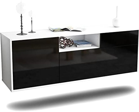 TV Schrank Lowboard hängend - Reutlingen - Korpus Weiss matt - Front Hochglanz Design Schwarz- (136x47x35cm) - Push to Open Technik & hochwertigen Leichtlaufschienen - Made in Germany
