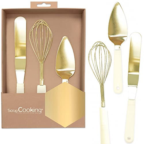 ScrapCooking - Coffret 3 Ustensiles Dorés Pâtisserie - Coffret Cadeau 3 Ustensiles Inox : Fouet, Spatule, Pelle - Coloris Or Crème - Mariage, Anniversaire - Idée Cadeau Cuisine - 1141