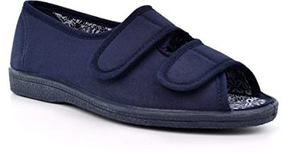 Wide Fit Womens Slippers - Ladies Open Toe & Peep Toe - Touch Fastening - Double EE Width 6 UK - Navy