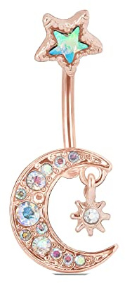 Homxi Piercing del Ombligo Oro Rosa,Estrella y Luna Circonita Colorida Pearsing Ombligo Mujer Pearcings de Piercing Ombligo Acero Quirurgico