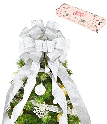 Christmas Tree Topper with Streamers, 48x13 Inches Large Toppers for Xmas Home Decor, Silver Polyester Decorative Bow for Christmas Decoration