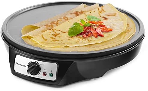 Elite Gourmet ECP-126 Máquina para hacer crepes eléctrica, para panqueques, pasteles calientes, plancha antiadherente con esparcidor, espátula y recetas (30,5 cm, negro)