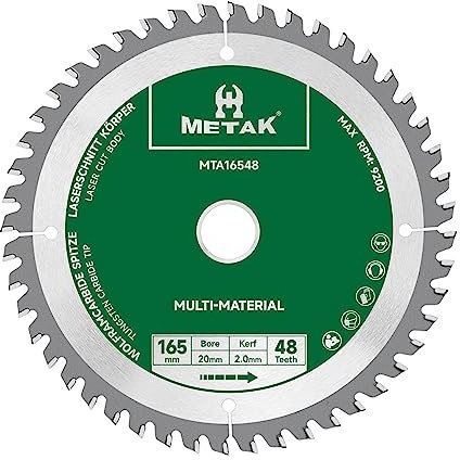 METAK HM Kreissägeblatt 165x20mm 48 Zähne für Aluminium Multi-Material Sägeblatt 165x48 Ideal für Holz, Laminat, MDF, Kunststoff, und Kupfer - Kompatibel mit Metabo, Bosch & vielen weiteren Marken