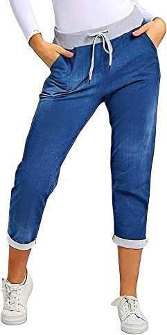 Chilgoza Women’s Ladies Denim Joggers Star Printed Sweatpants Floral Ribbed Waistband Trousers Ladies Casual Summer Italian