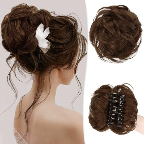 RUWISS Krallen Clip Messy Bun Haarteil Echthaar Wellig Lockig Chigno Haardutt Haarverlängerung Hochsteckfrisur Clip in Claw Pferdeschwanz Haarteile Haar Scrunchies für Damen（Mittelbraun）